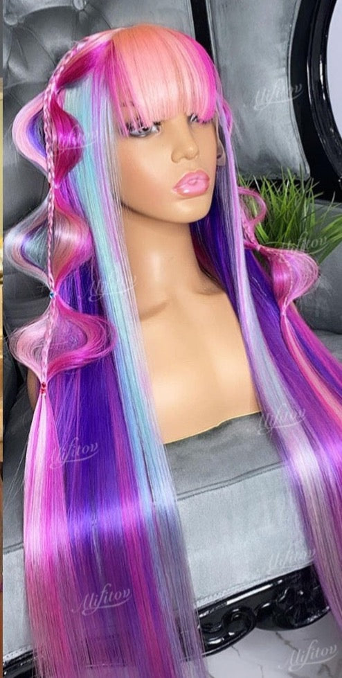 Pastel Rainbow-Colored Straight 13x4 Lace Front human hair Wig with Bangs Pre Plucked