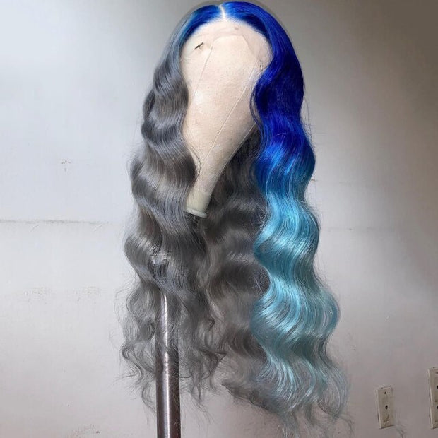 Body Wave Ombre Blue Lace Front Wigs Bone Straight Silver Gray Raw Brazilian Human Hair With Baby Hair