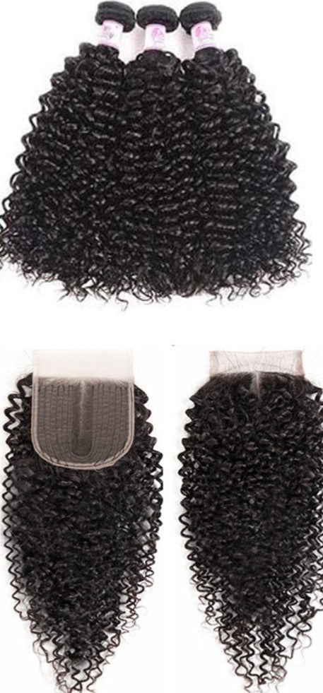 40" Brazilian Remy Deep Curly/Kinky Curly Human Hair Bundles with Closure