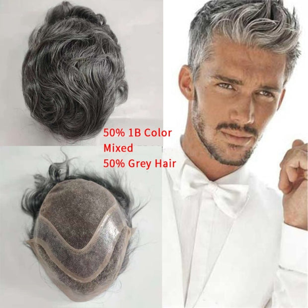 Human Hair Mono Base Toupee Man Weave Grey Silver Hair Piece Mens Replacement System Lace Front Natural Hair Line