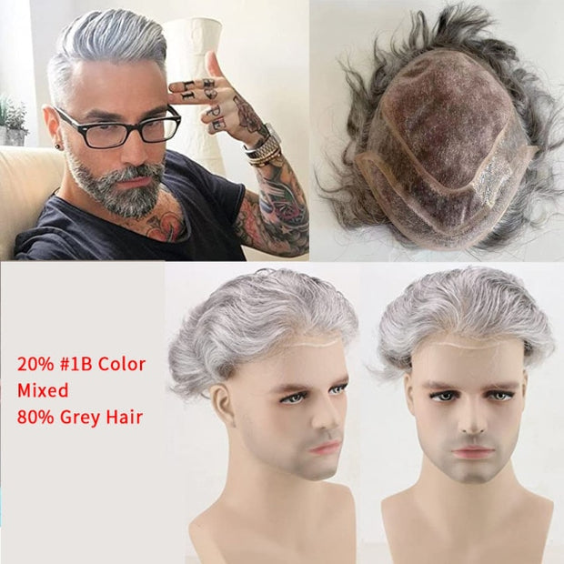 Human Hair Mono Base Toupee Man Weave Grey Silver Hair Piece Mens Replacement System Lace Front Natural Hair Line