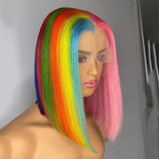Half Pink / Half Rainbow Lace Front Bob Wig with Transparent Lace Human Hair Pre Plucked 13x4 180% Density