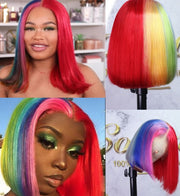 Half Pink / Half Rainbow Lace Front Bob Wig with Transparent Lace Human Hair Pre Plucked 13x4 180% Density