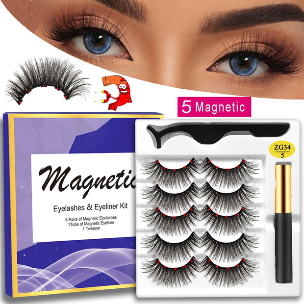 5 Pairs Magnetic 3D Mink Eyelash Set With Eyeliner & Tweezers