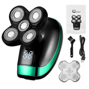 5 In 1 Rechargeable 4D Bald Head Electric Shaver with 5 Floating Heads + Beard, Nose, Ears Clipper & Facial Brush
