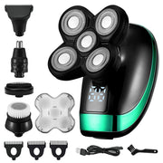 5 In 1 Rechargeable 4D Bald Head Electric Shaver with 5 Floating Heads + Beard, Nose, Ears Clipper & Facial Brush