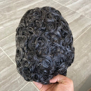 100% Remy Human Hair 20MM Curly Toupee Skin Base Grey Man Hairpiece