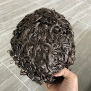 100% Remy Human Hair 20MM Curly Toupee Skin Base Grey Man Hairpiece
