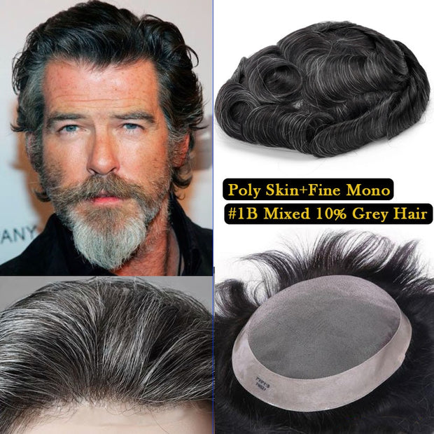 100% Human Hair Mono+Poly Folded Lace Front Toupee with Natural Hairline, Color 1B10 (#1B Mix 10% Grey)