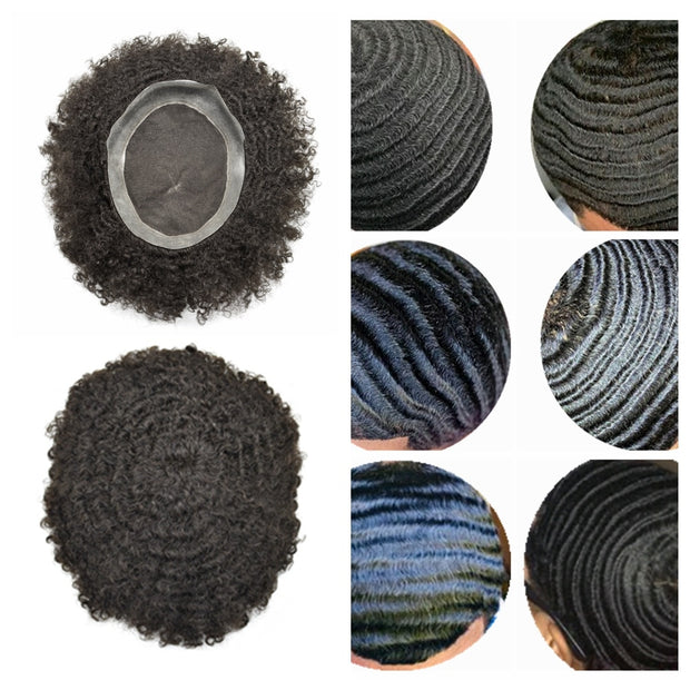 10mm Kinky Curly French Lace African American Human Hair System Thin Skin Afro Wavy