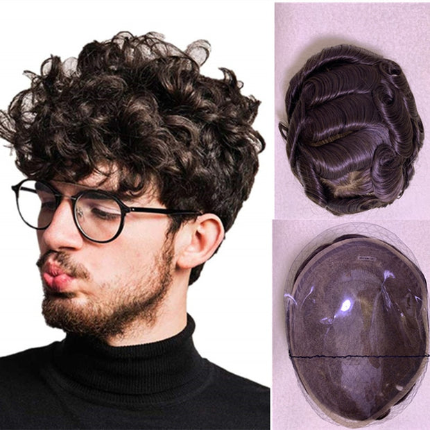 Super Thin Skin All Pu Curly Mens Toupee Preplucked Remy Human Hair