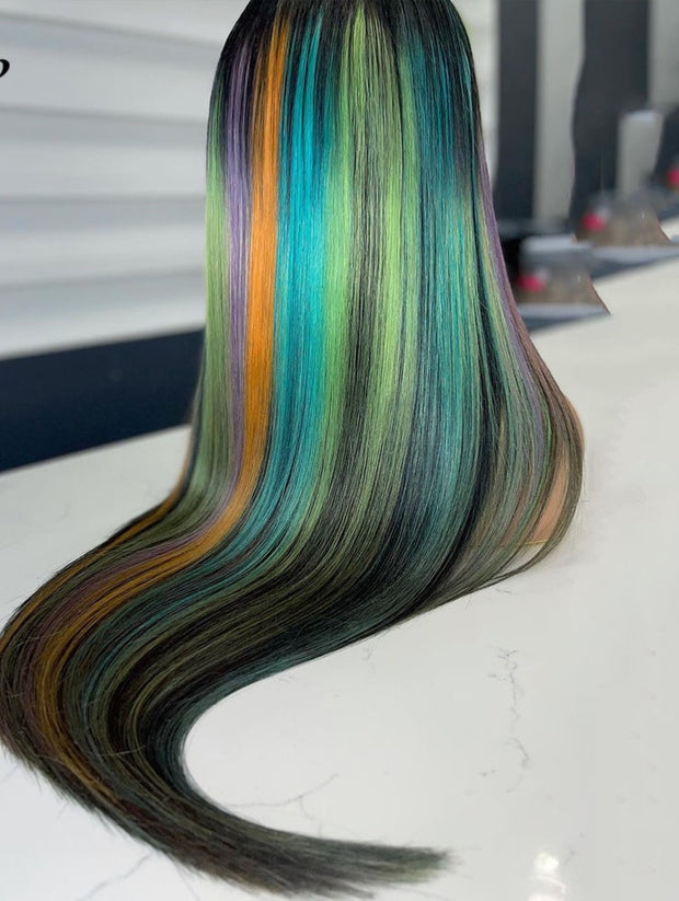 Green Rainbow Bone Straight Lace Front HD Transparent T Part Virgin Brazilian Human Hair Wigs