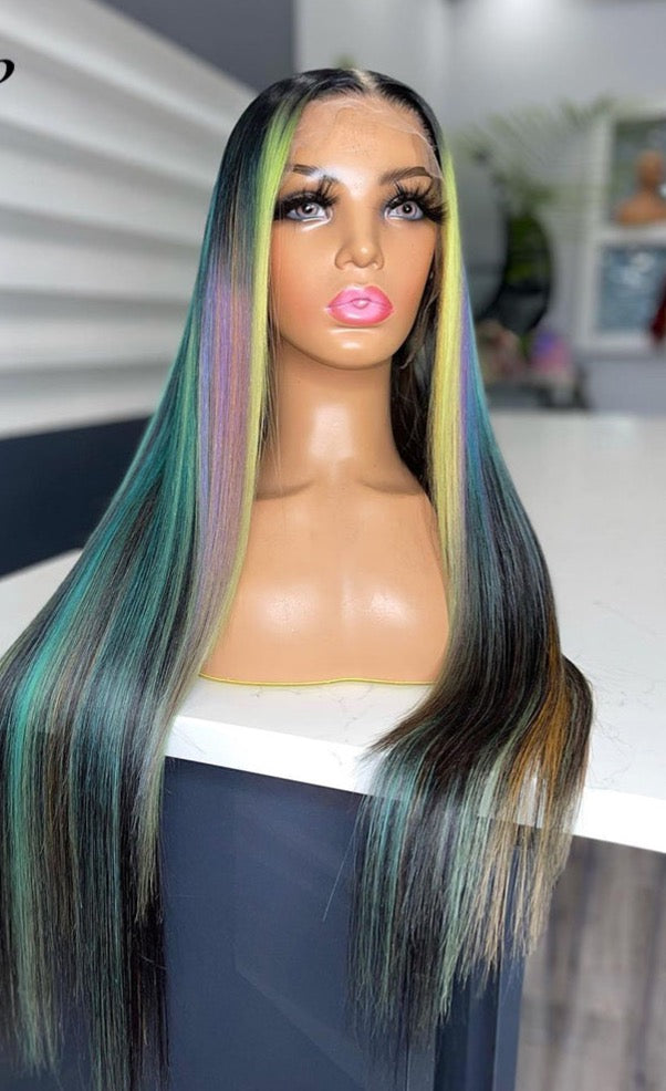 Green Rainbow Bone Straight Lace Front HD Transparent T Part Virgin Brazilian Human Hair Wigs