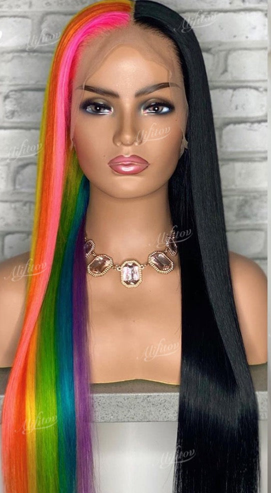 Half Purple Pink Blue Green Yellow Lace Front Human Hair Wigs