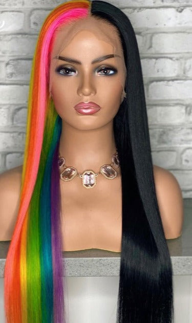 Half Purple Pink Blue Green Yellow Lace Front Human Hair Wigs