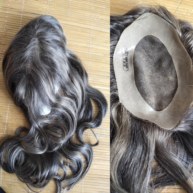 Grey Wavy mono + pu 100% Natural Full Lace Remy Human Wig