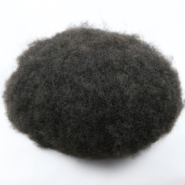 Afro Kinky Curly Toupee Thin Skin Real Human Hair, 6MM Off Black