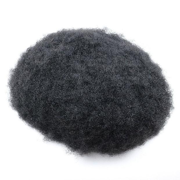 Afro Kinky Curly Toupee Thin Skin Real Human Hair, 6MM Off Black