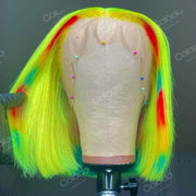 Green Purple Blonde Rainbow Bob with Transparent Lace Front Human Hair Wig with Baby Hair