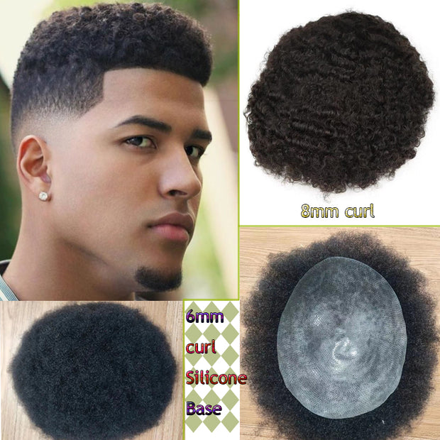 100% Human Brazilian Remy 8mm 6mm Afro Curly Silicone Poly Thin Skin Hairpiece 10x8"