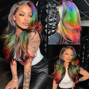 Black Rainbow Colored Human Hair Lace Front Wigs Body Wave Transparent Lace Wig