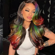 Black Rainbow Colored Human Hair Lace Front Wigs Body Wave Transparent Lace Wig