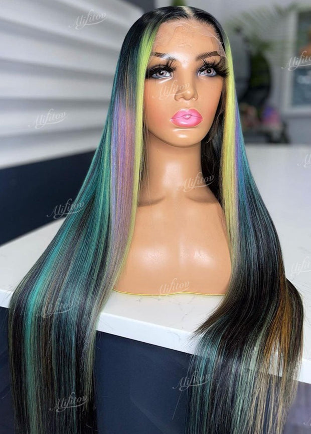 Black Blue Green Rainbow Colored 13x4 Straight Lace Front Human Hair Wig With Pre Plucked Hairline