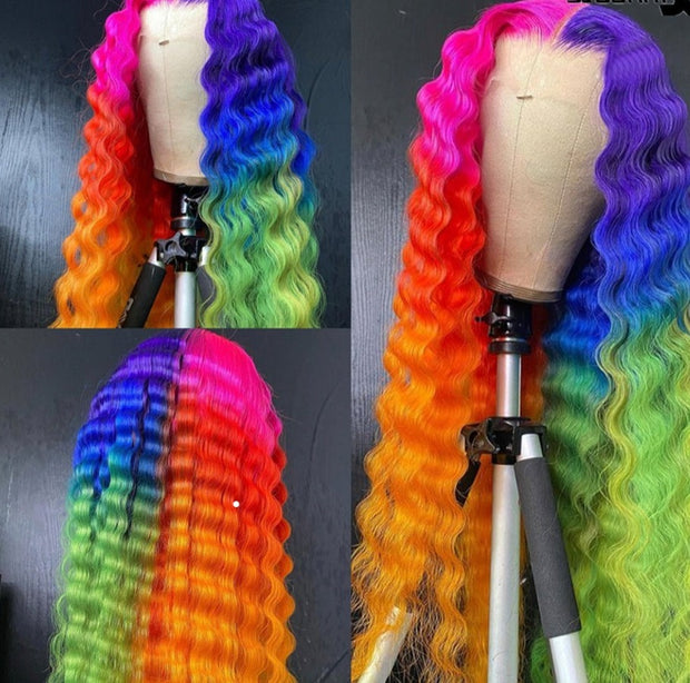 Rainbow Colored Loose Deep Wave 13x6 Transparent Lace Brazilian Remy Human Hair Wig