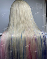 Ash Blonde Rainbow Colored Straight Human Hair Transparent Lace Wig