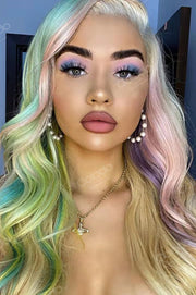 Green Pink /Yellow Green Rainbow Pre Plucked 13x4 Lace Front Human Hair Wigs with Baby Hair