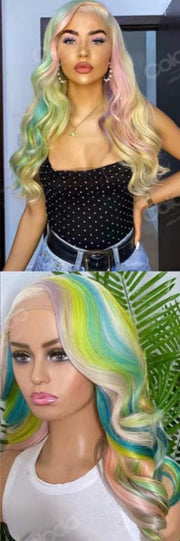 Green Pink /Yellow Green Rainbow Pre Plucked 13x4 Lace Front Human Hair Wigs with Baby Hair