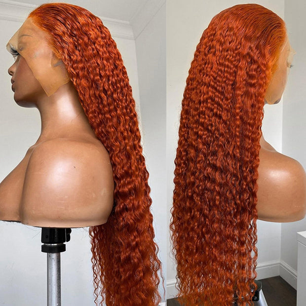 Orange Ginger 13x4 Lace Front Deep Curly Human Hair Glueless Lace Wig with baby hair